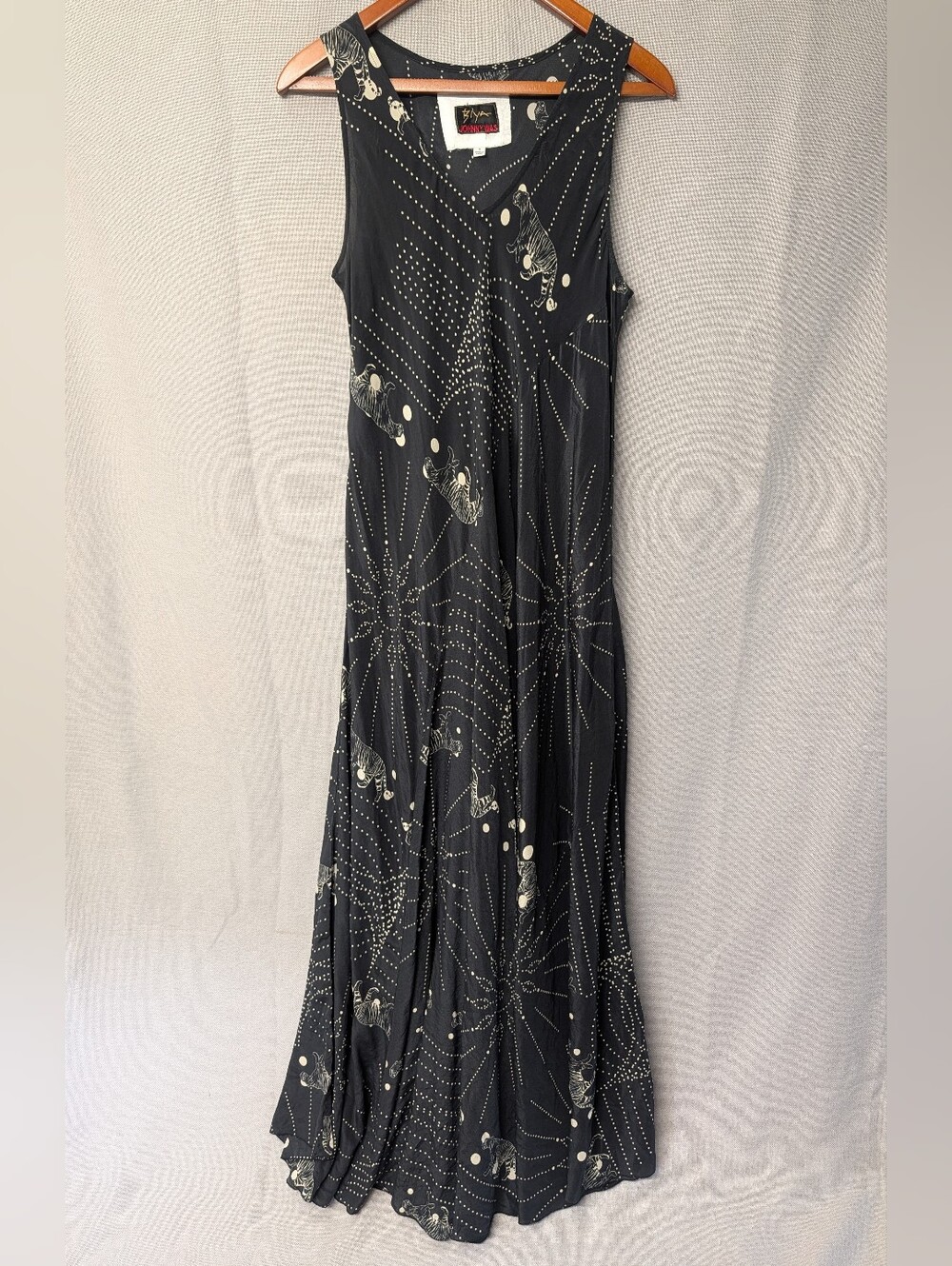 Johnny Was Biya Silk Black Maxi Dress with Polka Dot And Tiger Motif Size Small